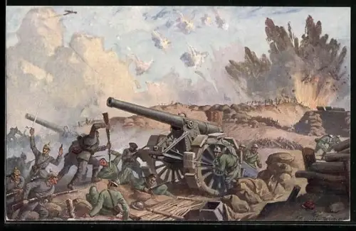 Künstler-AK W. Bürger: Eroberung französischer Geschütze bei Béthincourt während der Schlacht von Verdun