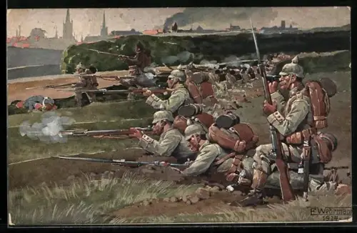 Künstler-AK sign. E. Wehrmann: württembergische Infanterie bei Kämpfen um Mülhausen