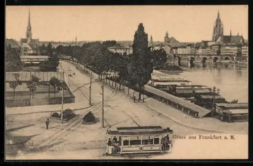 AK Frankfurt, Uferpartie mit Damen Schwimmbad von E. Kayser, Strassenbahn, Ruderclub