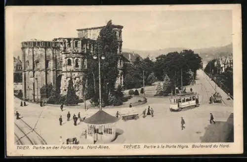 AK Trier, Partie an der Porta Nigra - Nord Allee mit Strassenbahn