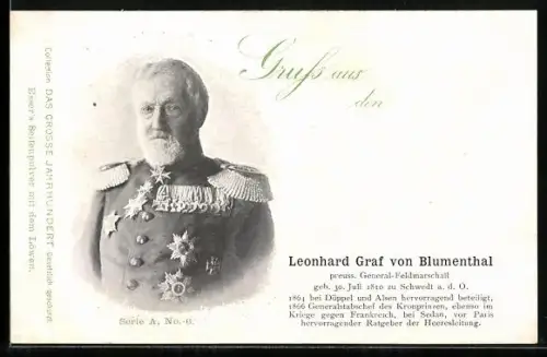 AK Portrait von Generalfeldmarschall Leonhard Graf von Blumemthal in Uniform mit Orden