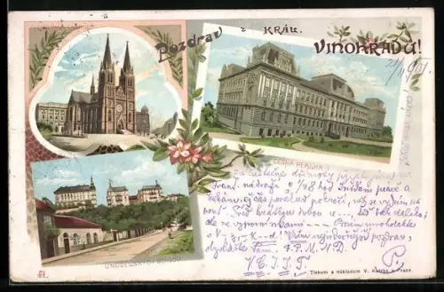 Lithographie Prag / Praha, Kral. Vinohrady, Ceská Realka, Unuselkych Schodú, Chrám Sv. Ludmily