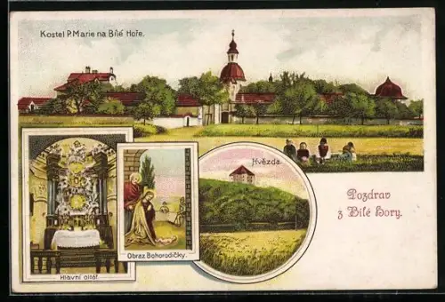 Lithographie Prag / Praha-Bilé Hory, Kostel P. Marie na Bíilé Hore, Hvezda, Obraz Bohorodicky