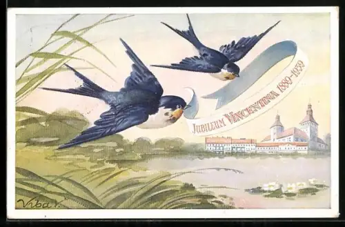 AK Prag / Praha, Jubileum Vincentina 1889-1939 - Zwei Vögel mit Schriftband