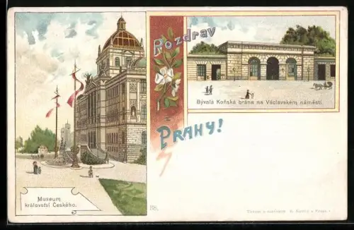 Lithographie Prag / Praha, Museum kralovstvi Ceskeho, Byvala Konska brana na Vaclavskem namesti