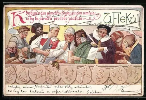 Künstler-AK Prag, Restaurant U Fleku, Restaurantbesucher am Tisch