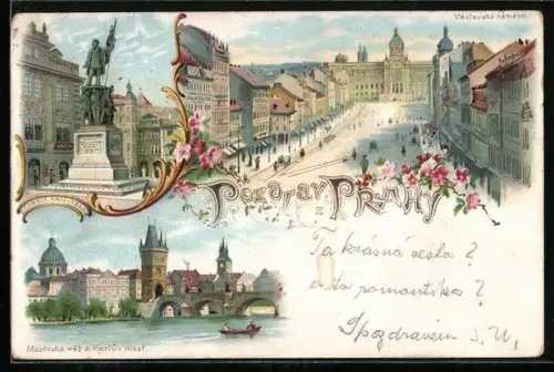 Lithographie Prag / Praha, Pomnik Radeckeho, Vaclavske namesti