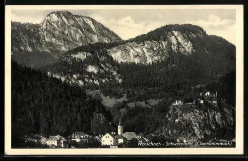 AK Wörschach, Schwefelbad, Ortsansicht mit Bergen