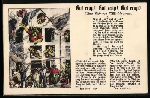 AK Menschen in und vor einem brennenden Haus, Text des Kölner Liedes Kut erop! Kut erop! Kut erop!