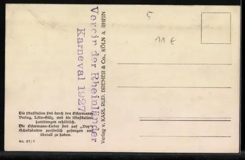 AK Menschen in und vor einem brennenden Haus, Text des Kölner Liedes Kut erop! Kut erop! Kut erop!