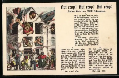 AK Menschen in und vor einem brennenden Haus, Text des Kölner Liedes Kut erop! Kut erop! Kut erop!