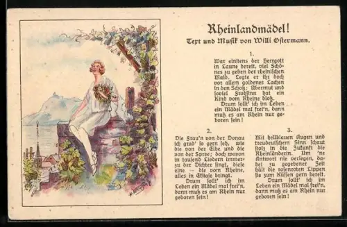 AK Lied Rheinlandmädel!, Mädchen mit Blumenkranz vor Stadtkulisse
