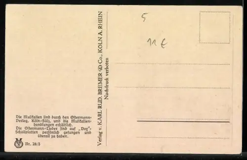 AK Lied Rheinlandmädel!, Mädchen mit Blumenkranz vor Stadtkulisse