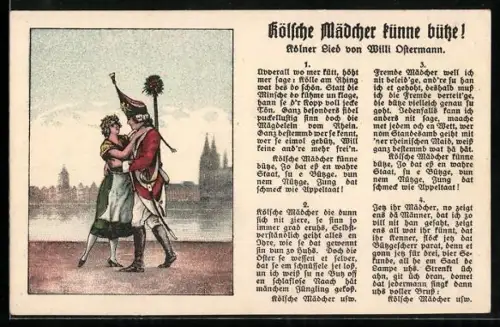 AK Köln, Kölner Mädchen küsst einen Stadtsoldaten, Kölsche Mädcher künne bütze! Liedtext von W. Ostermann