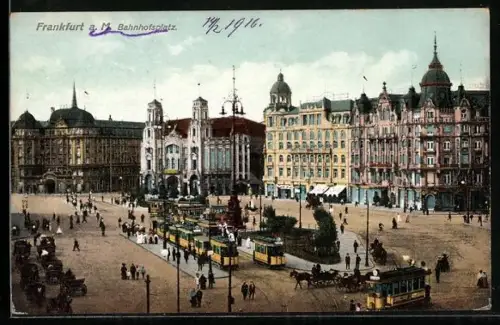 AK Frankfurt a. M., Bahnhofsplatz mit Café und Strassenbahn