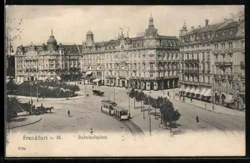 AK Frankfurt a. M., Strassenbahn auf dem Bahnhofsplatz