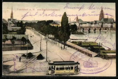 AK Frankfurt / Main, Ortsansicht mit Strassenbahn und Brücke