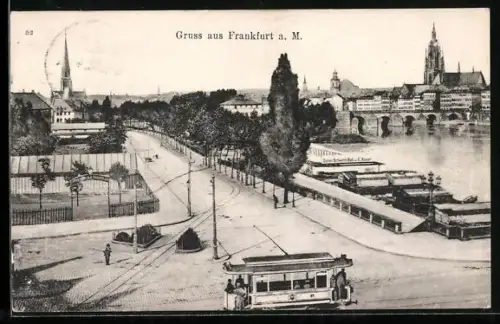 AK Frankfurt-Sachsenhausen, Strassenbahn in Fahrt am Damen Schwimmbad von E. Kavser
