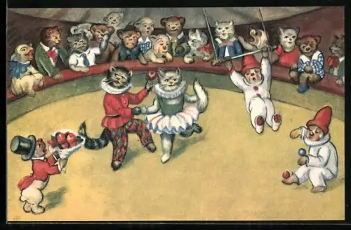 AK vermenschlichte Katzen in Zirkusmanege