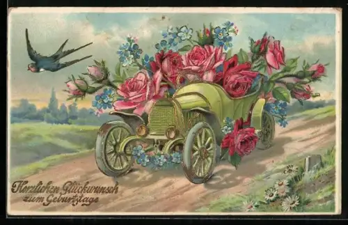 AK Ein Auto vollbepackt mit Rosen fährt eine Strasse entlang