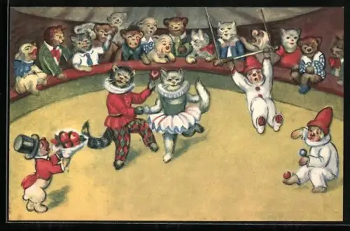 AK vermenschlichte Katzen in Zirkusmanege