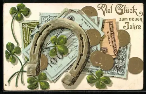 AK Geldscheine und Münzen mit Hufeisen und Kleeblättern
