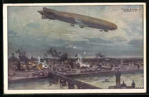 Künstler-AK Hans Rudolf Schulze: Ein Zeppelin bombardiert Warschau