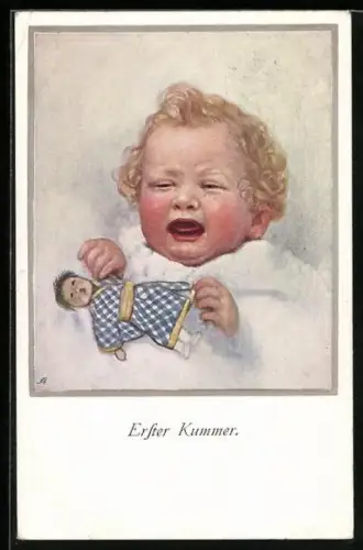 Künstler-AK Erster Kummer, kleines Mädchen schreit mit Puppe in den Händen