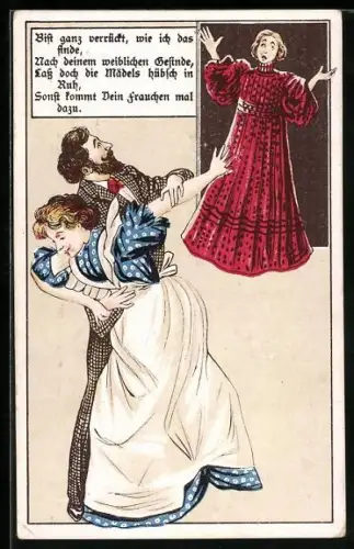 AK Mann umarmt das Dienstmädchen, Frau kommt empört zur Tür hinein