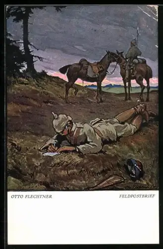 Künstler-AK Soldat liegt auf der Wiese und schreibt einen Feldbrief