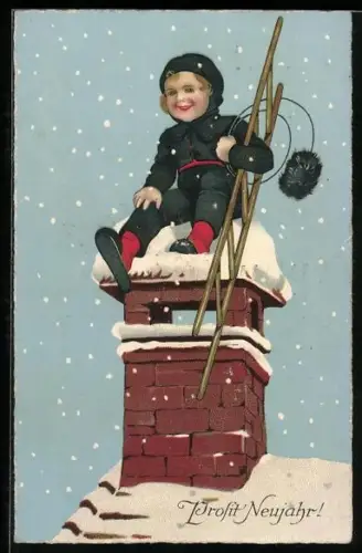 Lithographie Ein glückliches Neujahr, Kleiner Schornsteinfeger