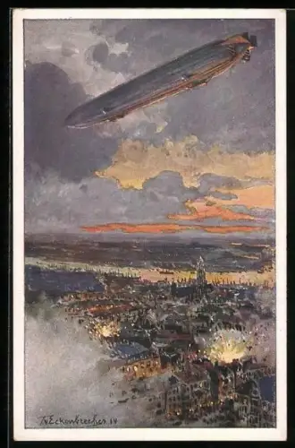 Künstler-AK Eckenbrecher: Antwerpen, Zeppelin wirft Bomben ab