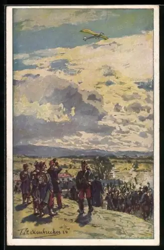 Künstler-AK Themistokles von Eckenbrecher: Beschiessung einer deutsche Taube, Französ. Infanterie beschiesst Flugzeug