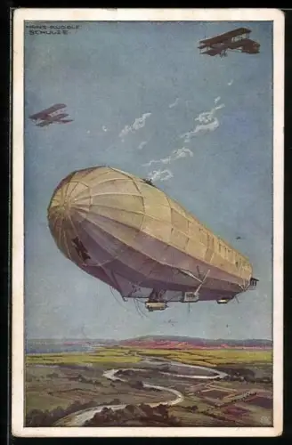 Künstler-AK Hans Rudolf Schulze: Deutscher Luftflottenverein, Militärluftkreuzer Hansa im Kampf, Luftschiff, Zeppelin