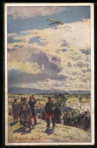 Künstler-AK Themistokles von Eckenbrecher: Beschiessung einer deutsche Taube, Französ. Infanterie beschiesst Flugzeug