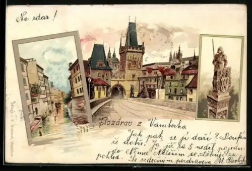 Lithographie Prag, Pulverturm, Karlsbrücke