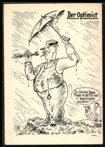 Künstler-AK Optimist mit Papierflieger steht im Regen, Segelflieger