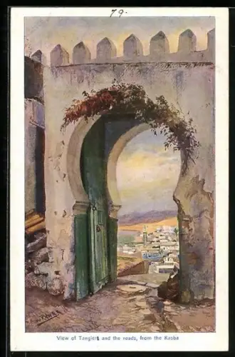 Künstler-AK Tanger, Blick von der Kasba auf den Ort und die Reede