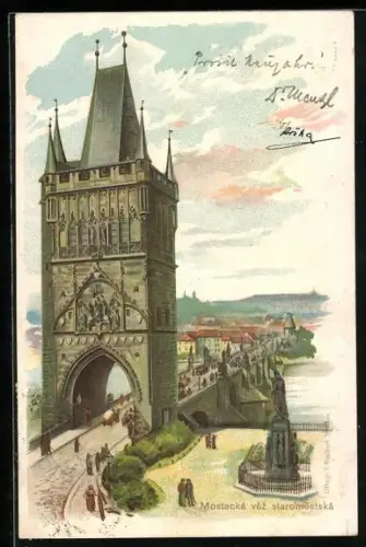 Lithographie Prag, Altstädter Brückenturm
