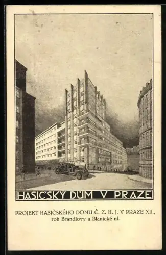 Künstler-AK Prag / Praha, Hasicský dum, Brandlovy a Blanické ul.