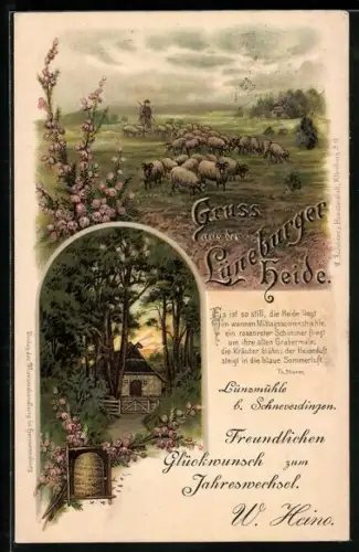 Lithographie Imkerei in der Lüneburger Heide, Schäfer mit Herde