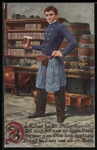 AK Kölner Köbes, junger Wirt serviert zwei Glas Bier