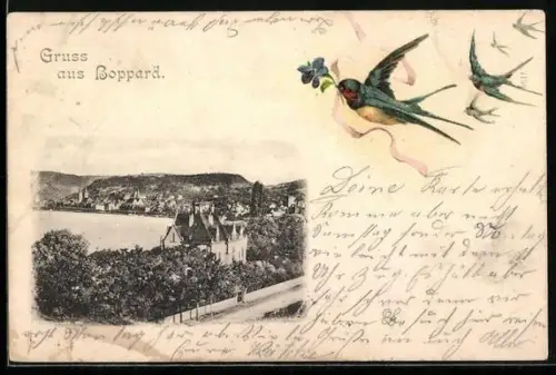AK Boppard, Teilansicht des Ortes mit Wasserpartie, Passepartout mit Schwalben