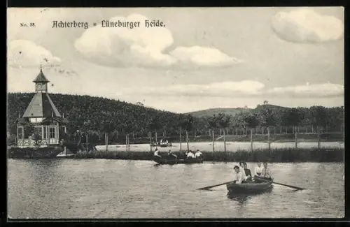 AK Achterberg / Lüneburger Heide, Wasserpartie mit Ruderern und Pavillon