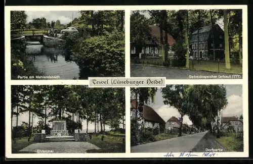 AK Tewel /Lüneburger Heide, Getreidespeicher, Ehrenmal, Partie am Mehlandsbach, Dorfpartie