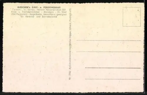 AK Tewel /Lüneburger Heide, H. Gieschen`s Gast.- u. Pensionshaus, Mehlandsbachpartie, Rutenmühlenteich, Rutenmühle