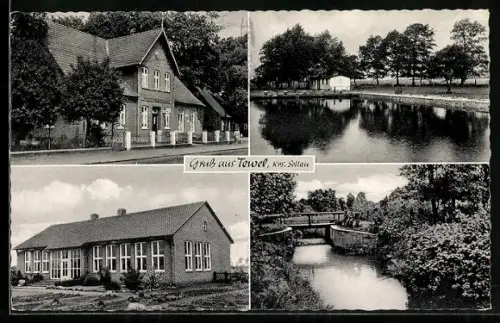 AK Tewel /Soltau, Geschäft, Freibad und Flusspartie