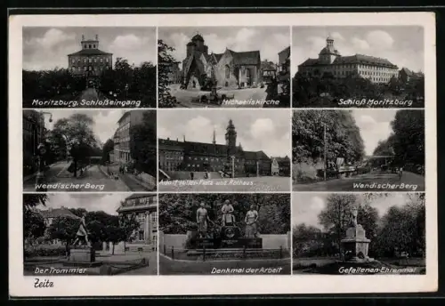 AK Zeitz, Michaeliskirche, Schloss Moritzburg, Platz und Rathaus, verschiedene Denkmäler