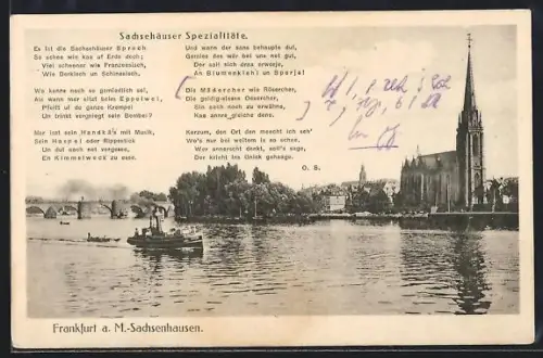 AK Frankfurt a. M.-Sachsenhausen, Ortsansicht mit Brücke und Kirche vom Wasser aus, Gedicht