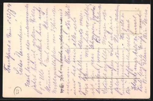 AK Frankfurt a. M.-Sachsenhausen, Ortsansicht mit Brücke und Kirche vom Wasser aus, Gedicht